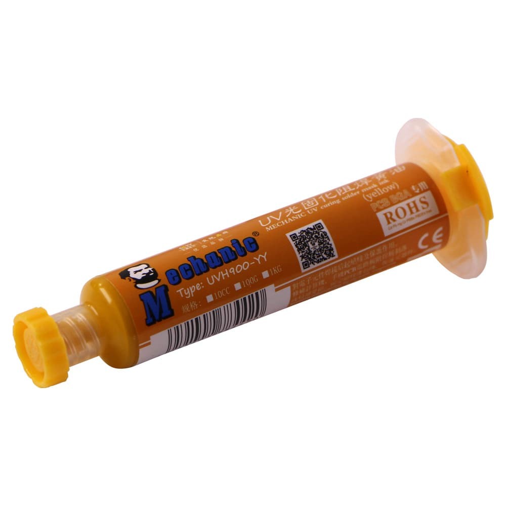 Лак изоляционный MECHANIC LY-UVH900 жёлтый в шприце 10 ml (LW UV curing solder proof printing ink) фото 1 Лак ізоляційний MECHANIC LY-UVH900, жовтий, в шприці, 10 ml фото 1