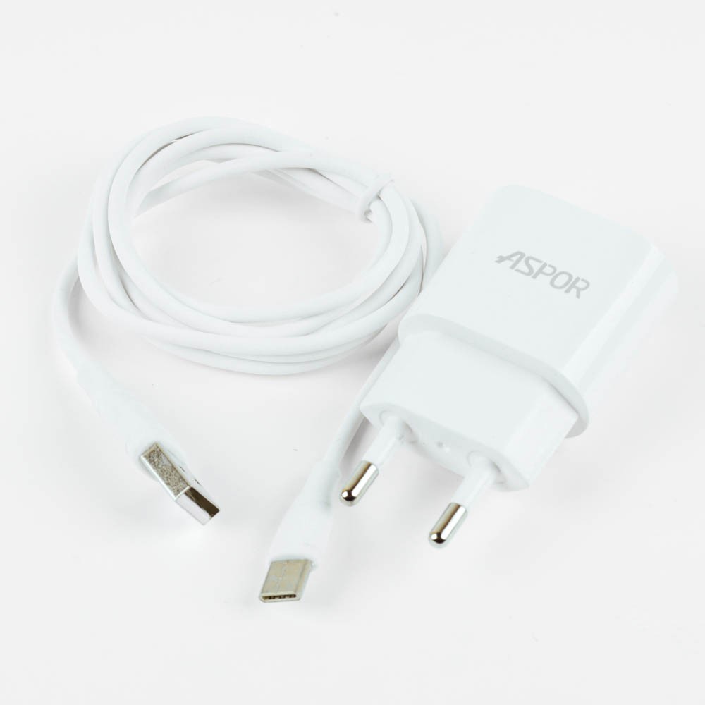 Сетевое зарядное устройство с кабелем Type-C - Aspor A818, цвет белый, 2.4A фото 1