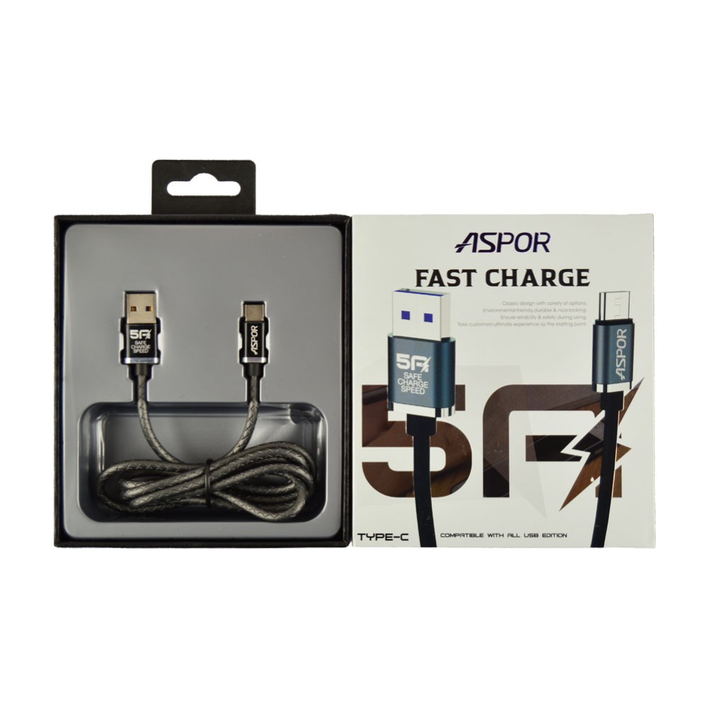 USB кабель Type-C Aspor Speed Data 2.4A  резиновый (grey) 1.2 м фото 1 USB кабель Type-C Aspor Speed Data 2.4A,  резиновый, 1.2 м, цвет серый фото 1