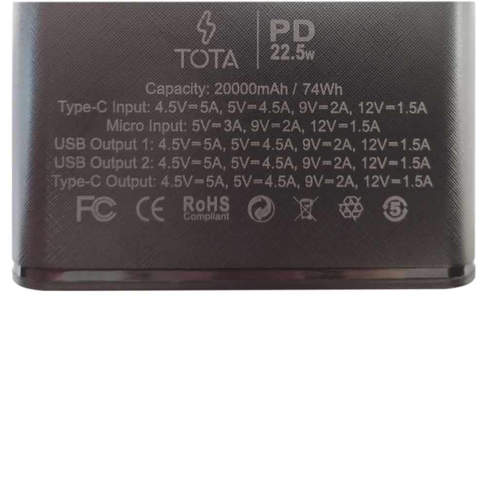 Павербанк TOTA, PD 22.5 W, 20000 mAh, цвет черный фото 3