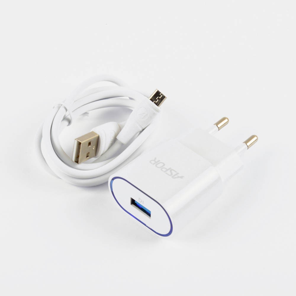 Сетевое зарядное устройство с кабелем Micro-USB - Aspor A818, 2.4A, цвет белый фото 1