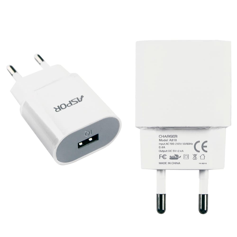 Мережевий зарядний пристрій Aspor A818, колір білий, 2.4A фото 1