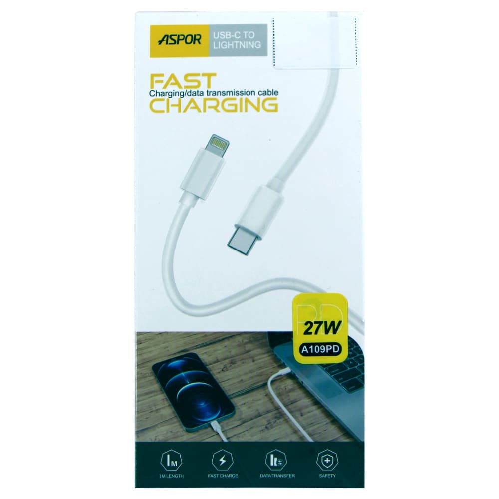 USB-C кабель Lightning для iPhone Aspor A109 1m 27W, цвет белый, PD фото 1