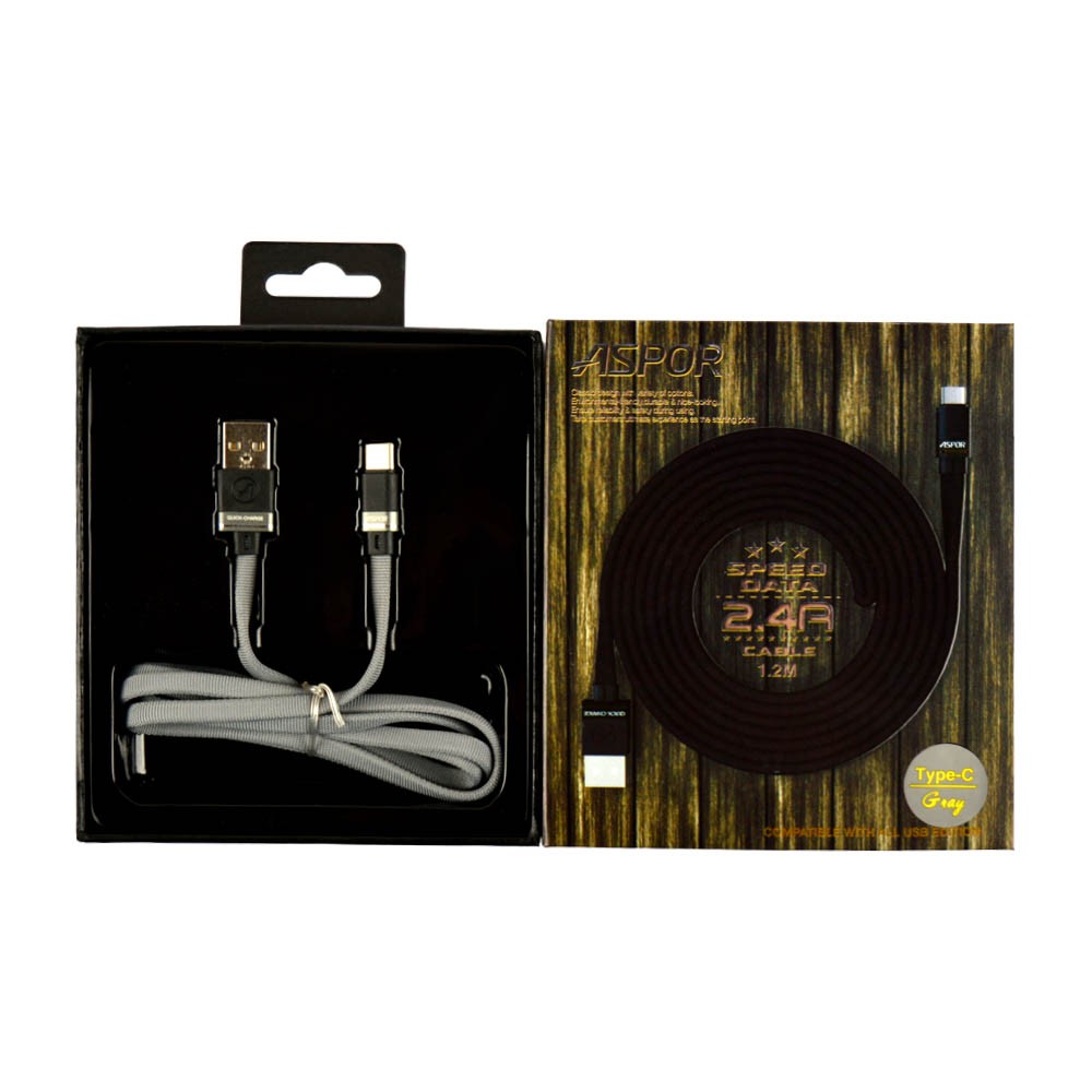 USB кабель Type-C Aspor Speed Data 2.4A, нейлон, 1.2 м, цвет серый фото 1